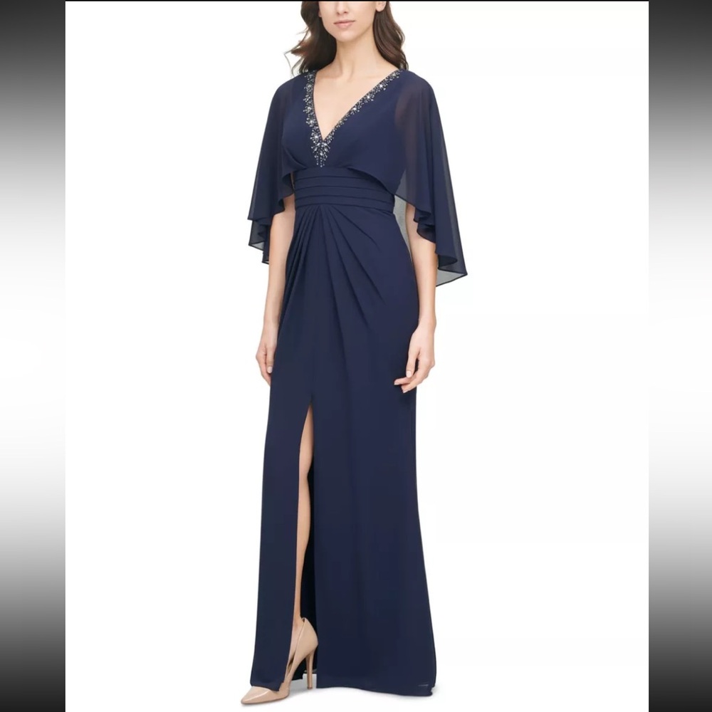 Vince Camuto Navy Blue Beaded Neckline Capelet Gown Size 2 Wedding Prom Formal
